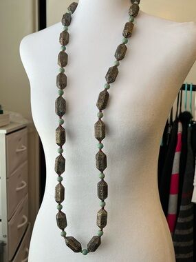 Vintage Tibetan or Asian revival style long metal beaded statement necklace 44”
